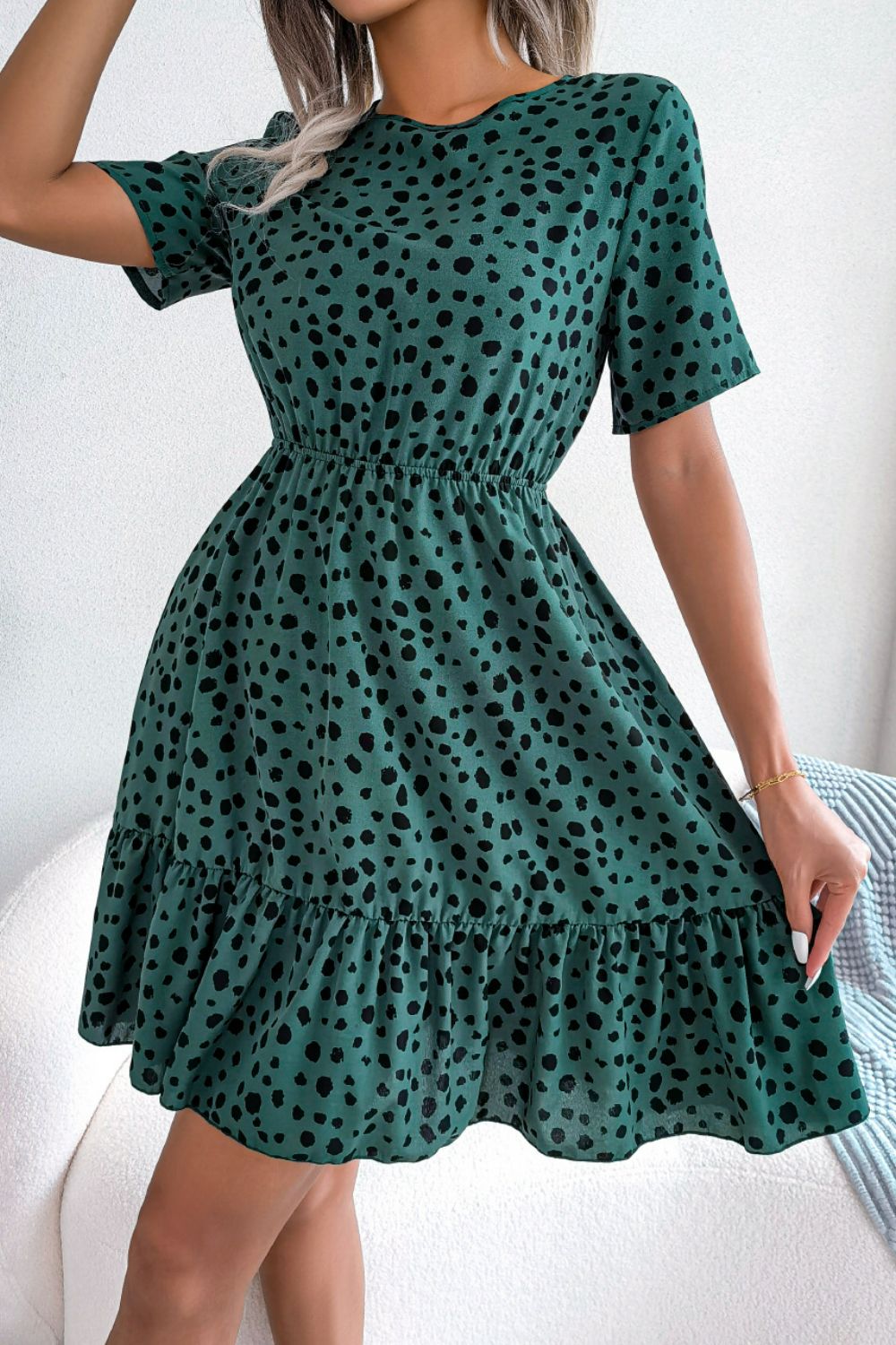 Printed Round Neck Short Sleeve Ruffled Dress - Dress - Green - Bella Bourget