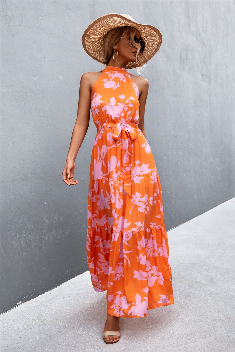 Printed Sleeveless Tie Waist Maxi Dress - Dress - Orange/Floral - Bella Bourget