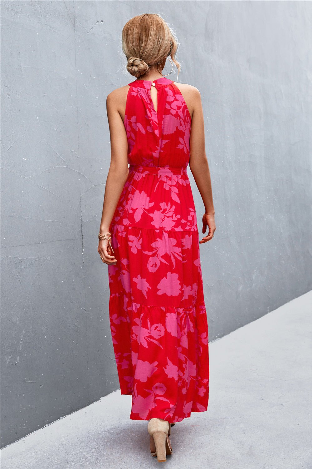 Printed Sleeveless Tie Waist Maxi Dress - Dress - Mustard - Bella Bourget