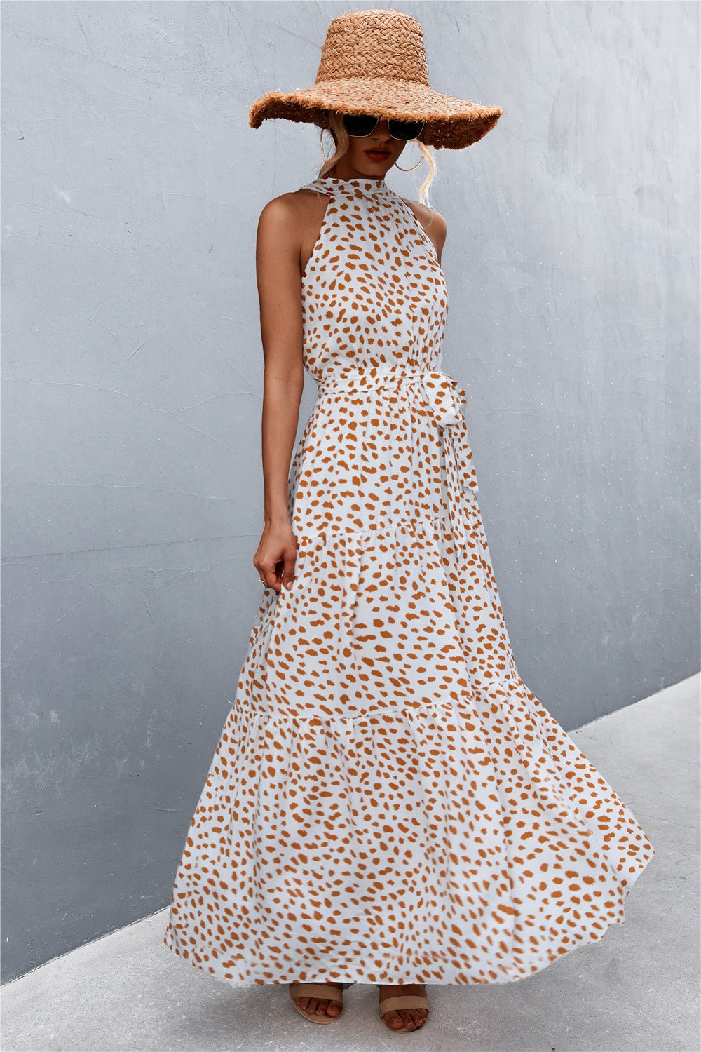 Printed Sleeveless Tie Waist Maxi Dress - Dress - Beige - Bella Bourget