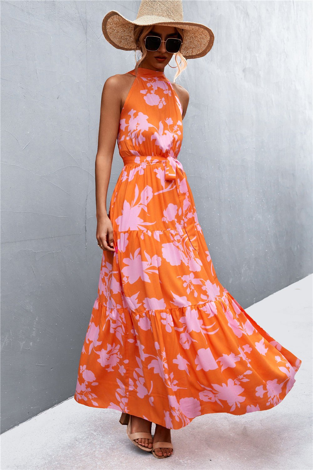 Printed Sleeveless Tie Waist Maxi Dress - Dress - Orange/Floral - Bella Bourget