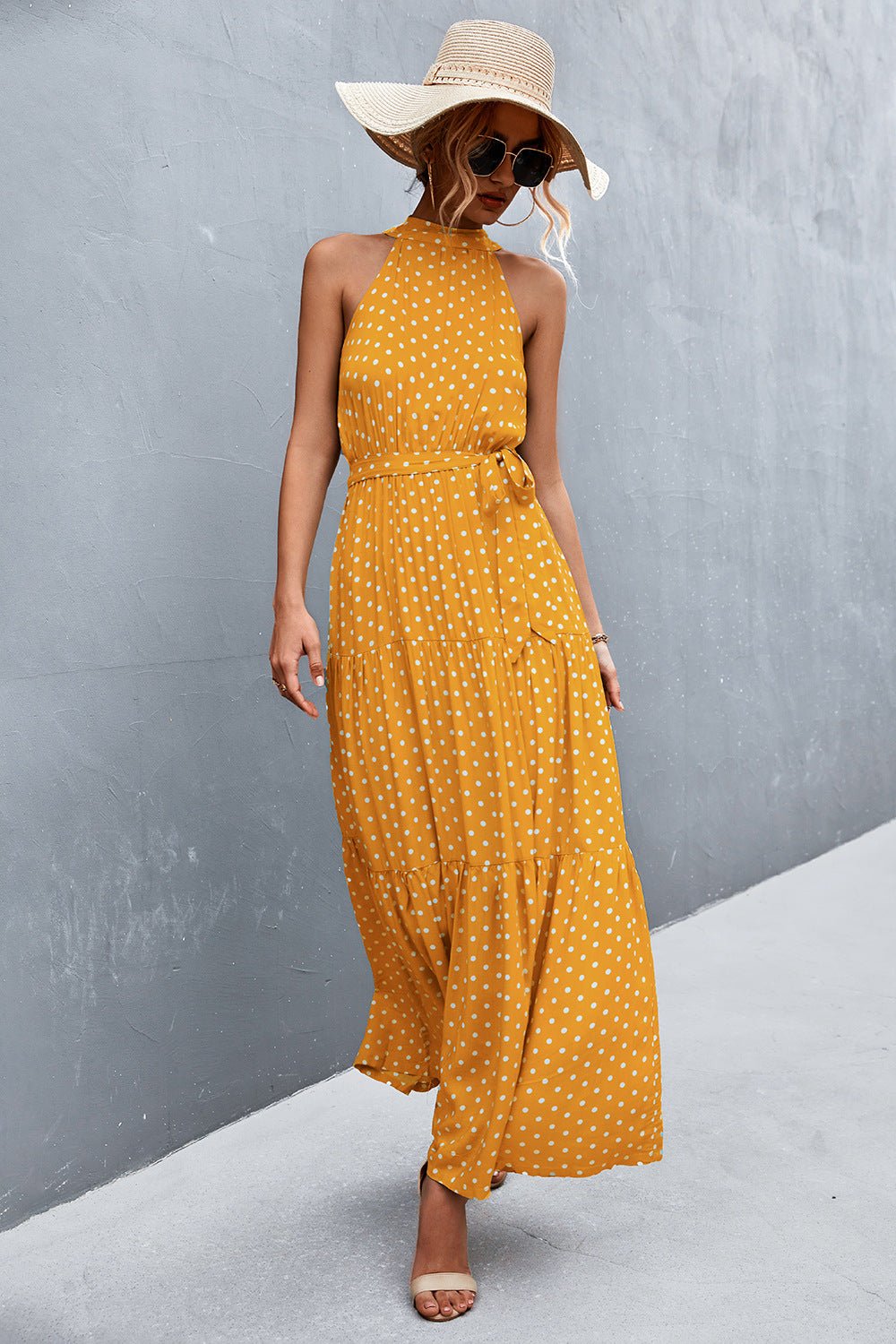 Printed Sleeveless Tie Waist Maxi Dress - Dress - Mustard - Bella Bourget