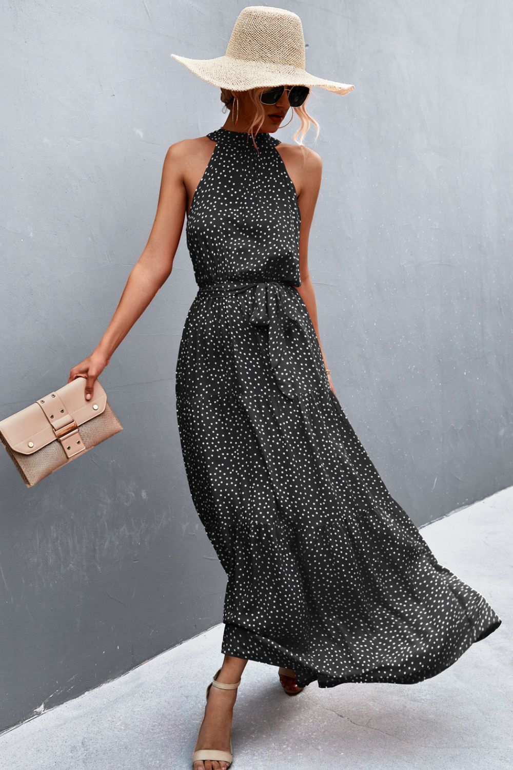 Printed Sleeveless Tie Waist Maxi Dress - Dress - Black - Bella Bourget