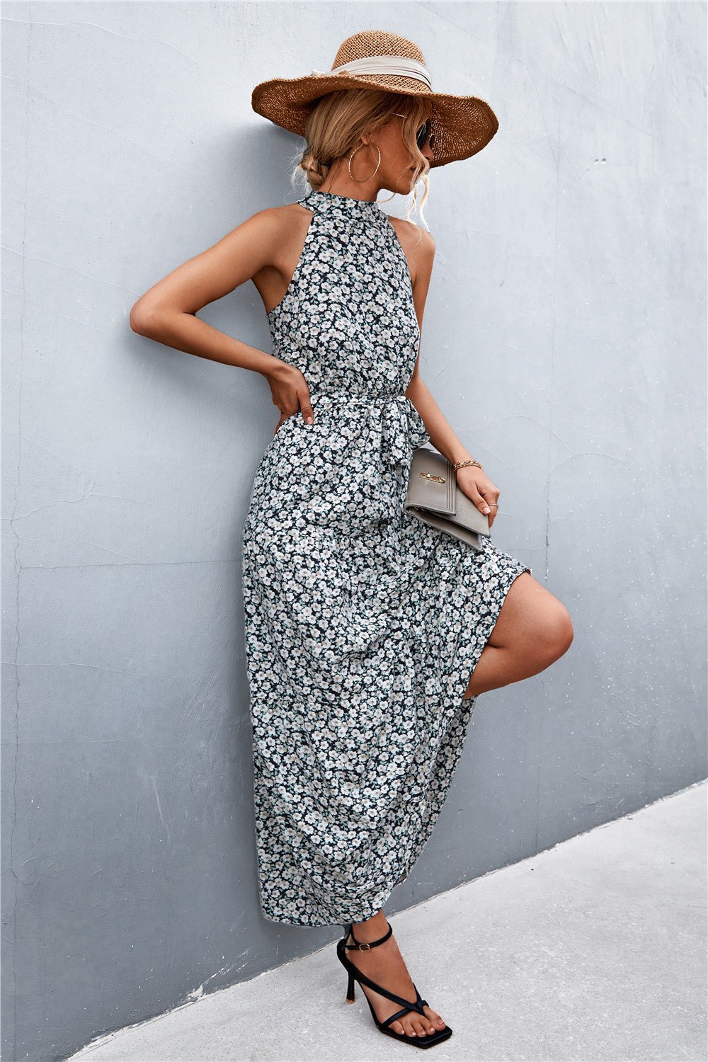 Printed Sleeveless Tie Waist Maxi Dress - Dress - Black/Floral - Bella Bourget