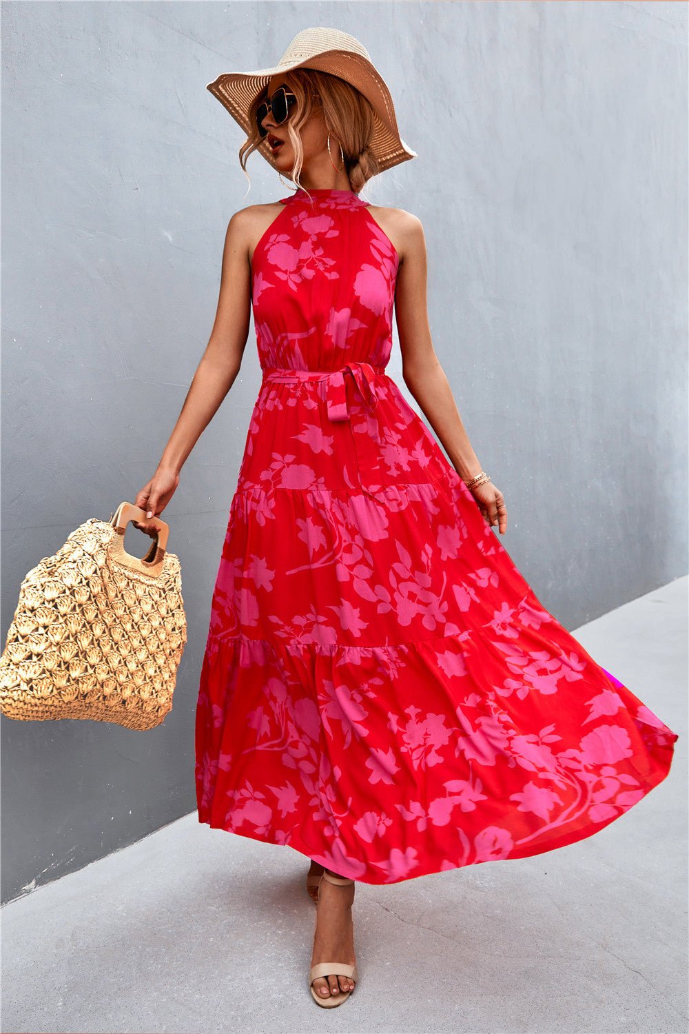 Printed Sleeveless Tie Waist Maxi Dress - Dress - Rose/Floral - Bella Bourget