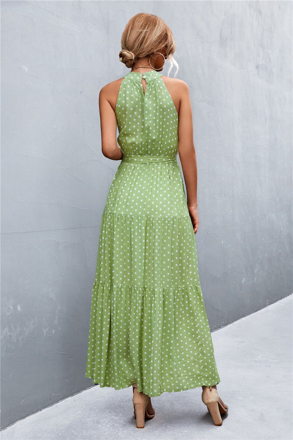 Printed Sleeveless Tie Waist Maxi Dress - Dress - Gum Leaf - Bella Bourget