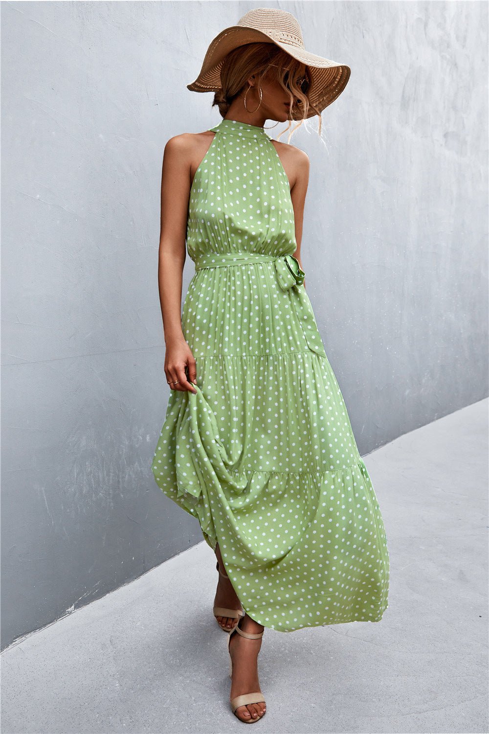 Printed Sleeveless Tie Waist Maxi Dress - Dress - Gum Leaf - Bella Bourget