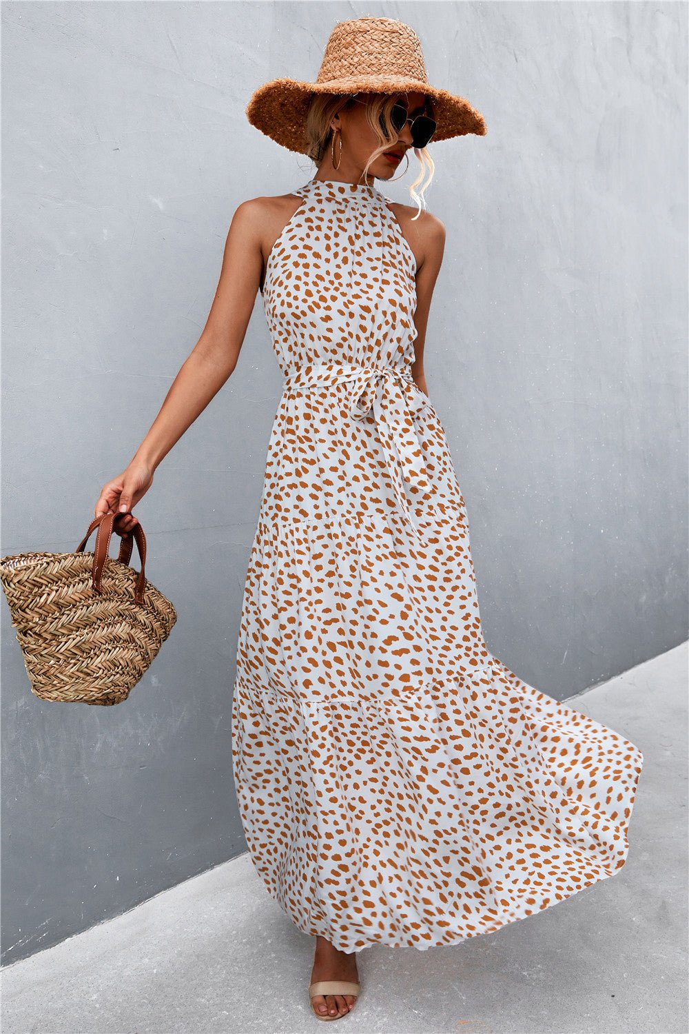 Printed Sleeveless Tie Waist Maxi Dress - Dress - Beige - Bella Bourget