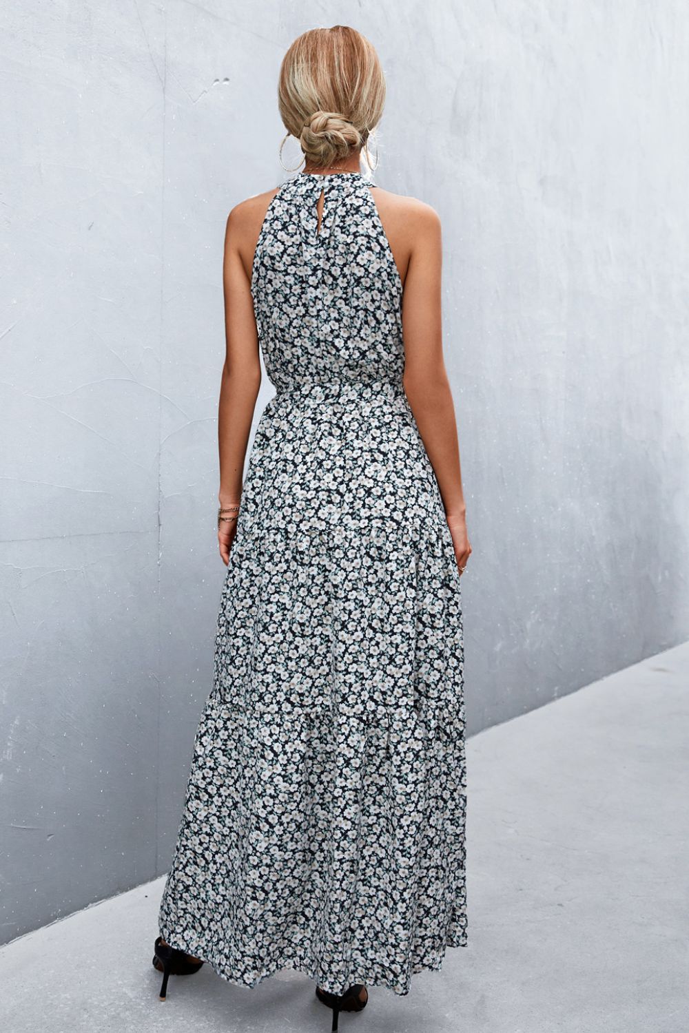 Printed Sleeveless Tie Waist Maxi Dress - Dress - Black/Floral - Bella Bourget