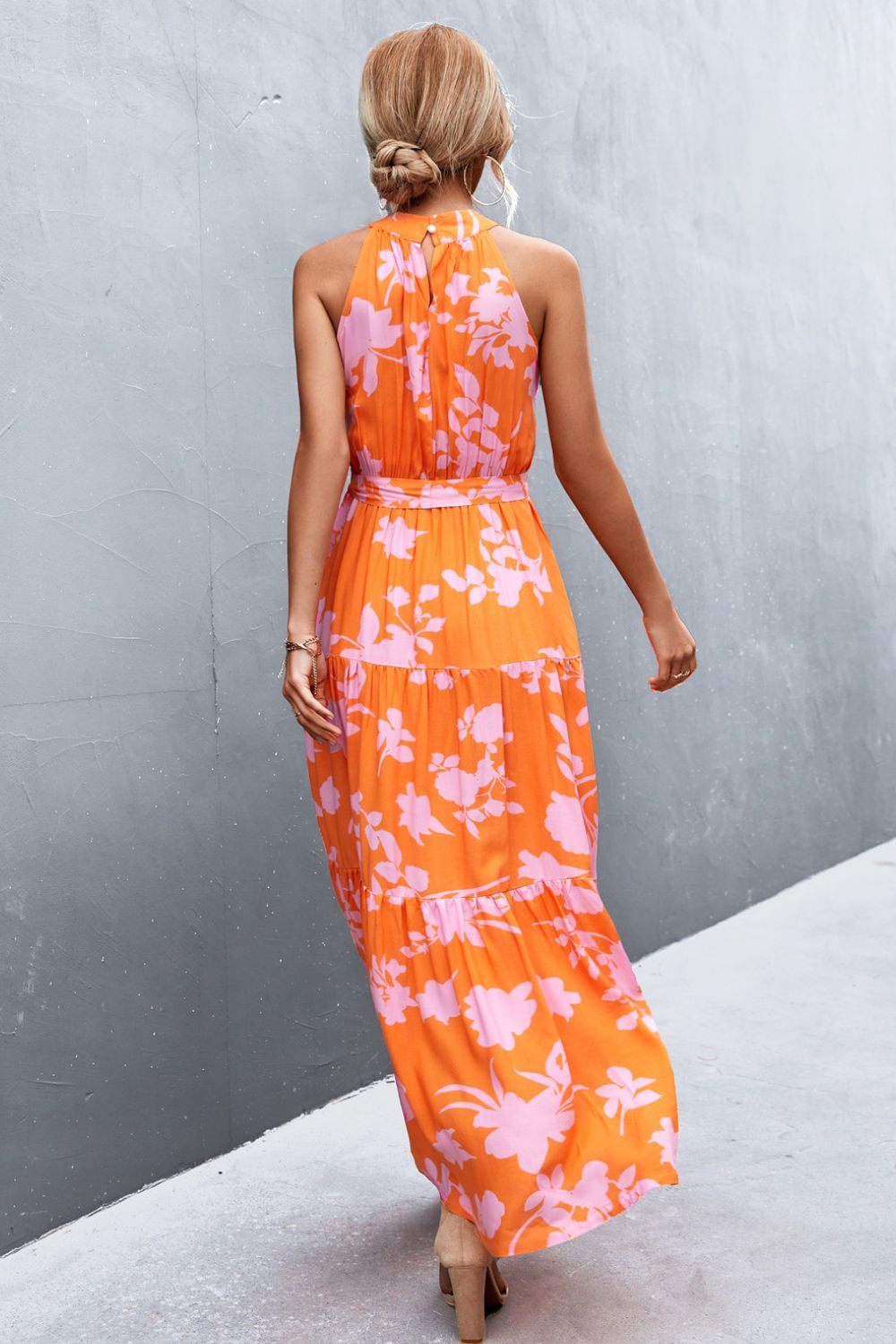 Printed Sleeveless Tie Waist Maxi Dress - Dress - Orange/Floral - Bella Bourget