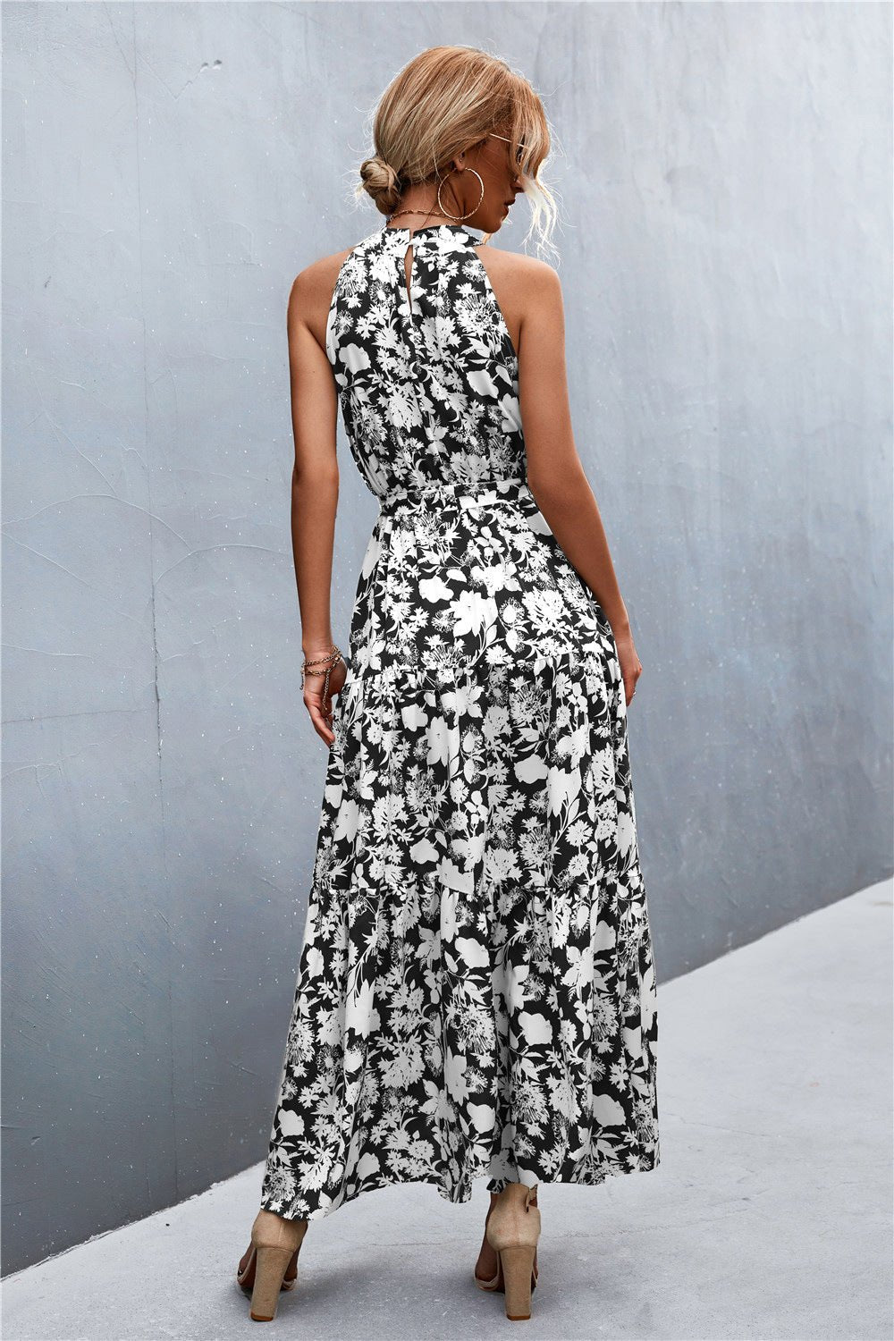 Printed Sleeveless Tie Waist Maxi Dress - Dress - Black/White/Floral - Bella Bourget