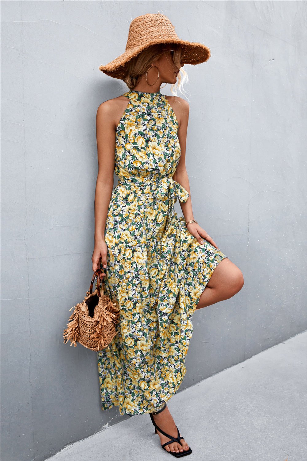 Printed Sleeveless Tie Waist Maxi Dress - Dress - Yellow/Floral - Bella Bourget