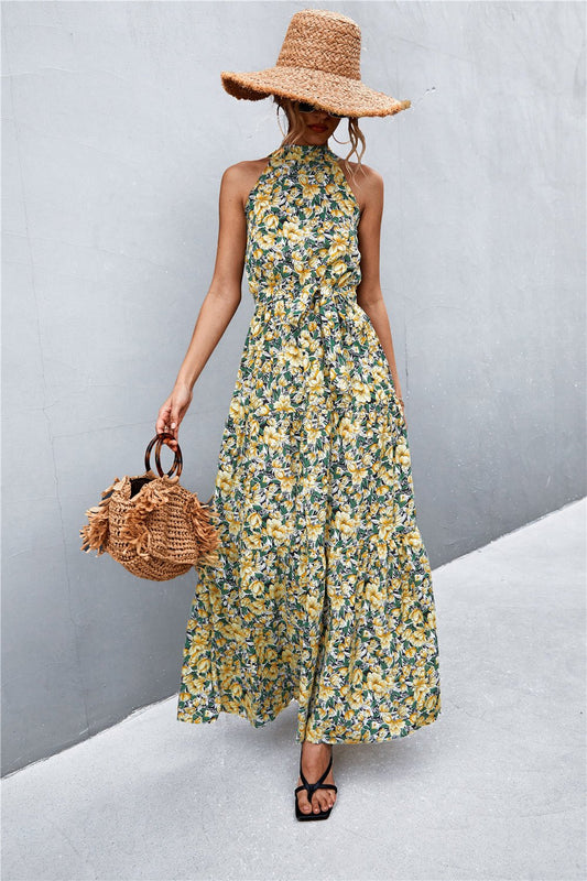 Printed Sleeveless Tie Waist Maxi Dress - Dress - Yellow/Floral - Bella Bourget