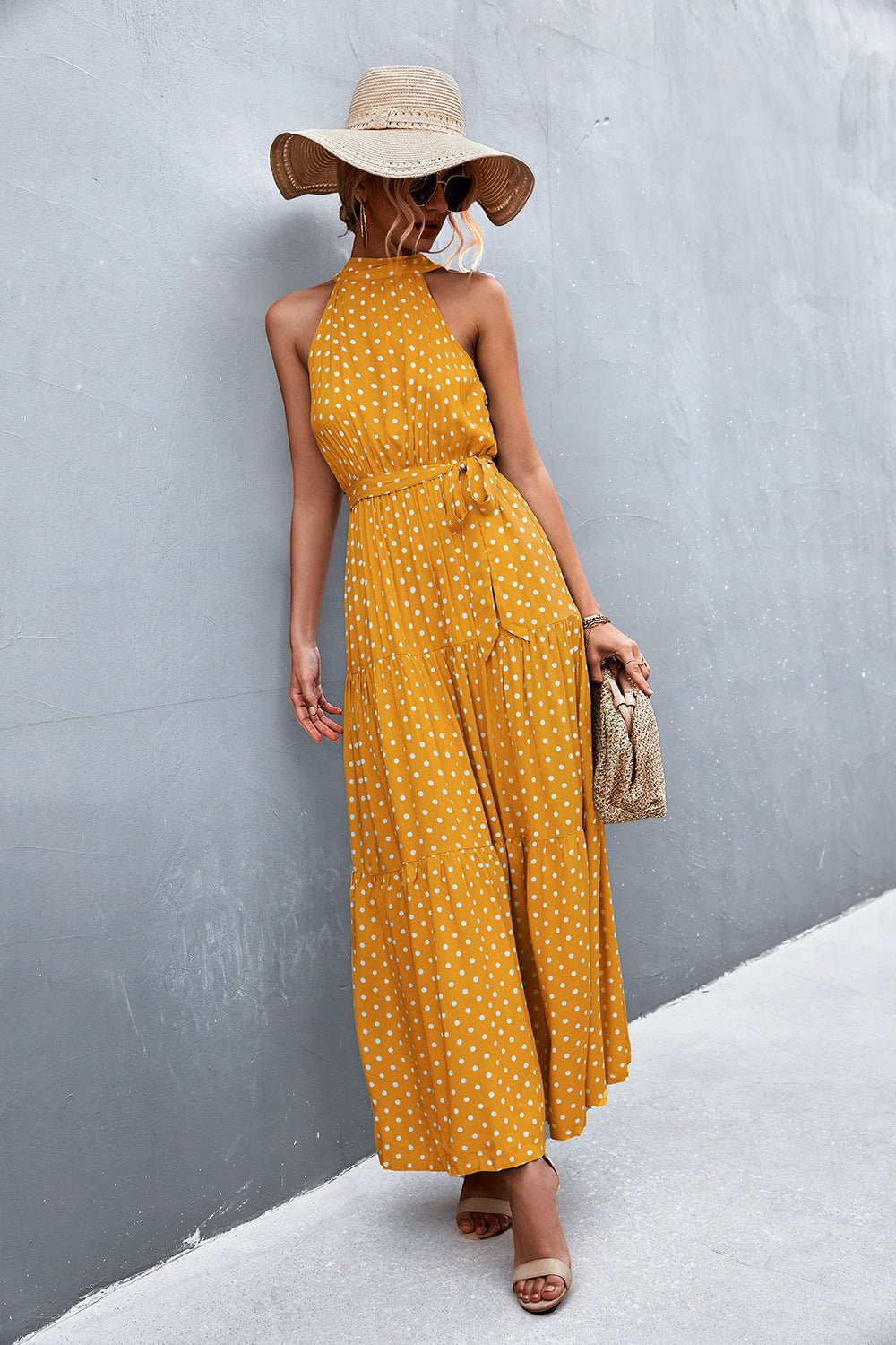 Printed Sleeveless Tie Waist Maxi Dress - Dress - Mustard - Bella Bourget