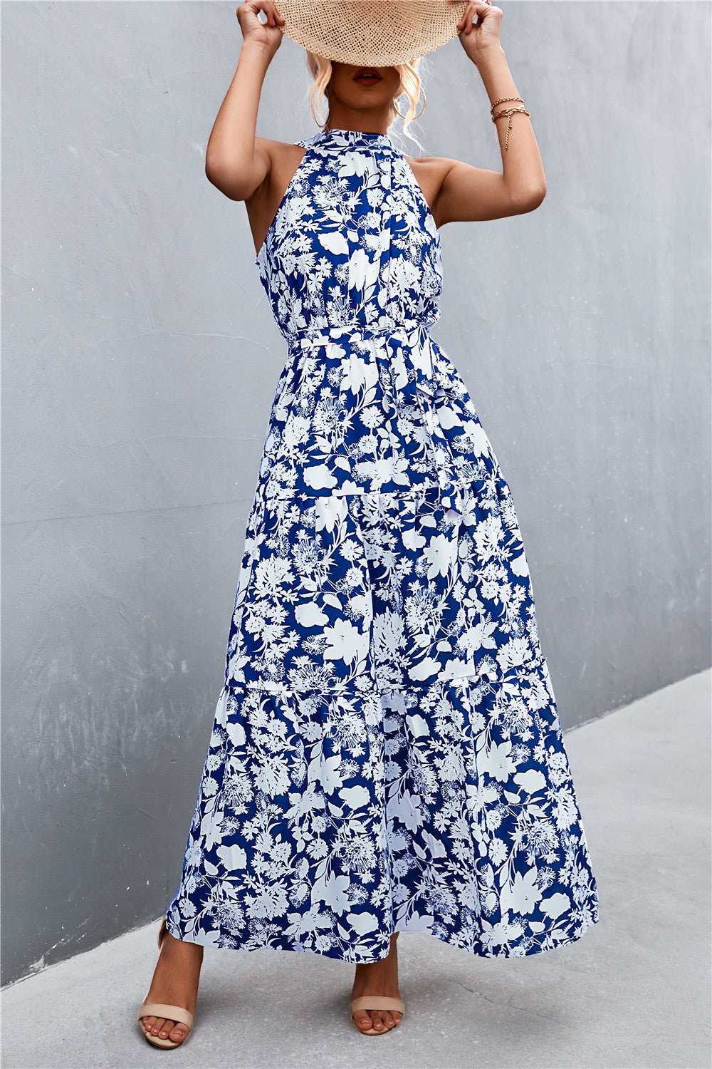 Printed Sleeveless Tie Waist Maxi Dress - Dress - Blue/Floral - Bella Bourget