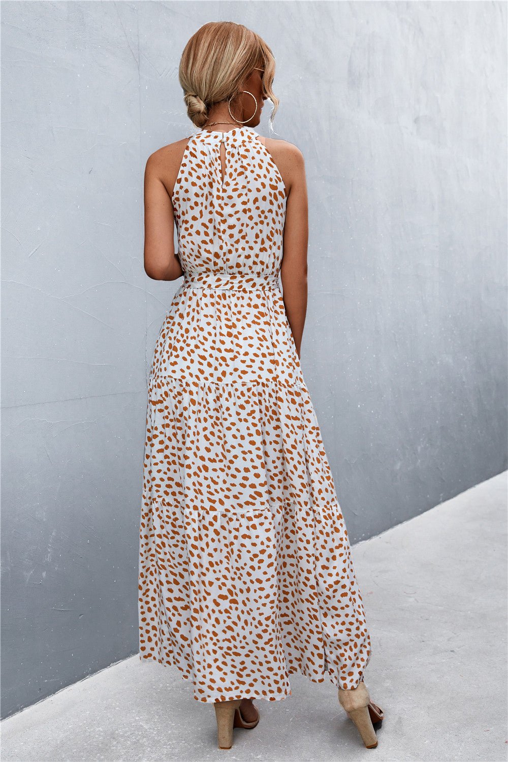 Printed Sleeveless Tie Waist Maxi Dress - Dress - Beige - Bella Bourget