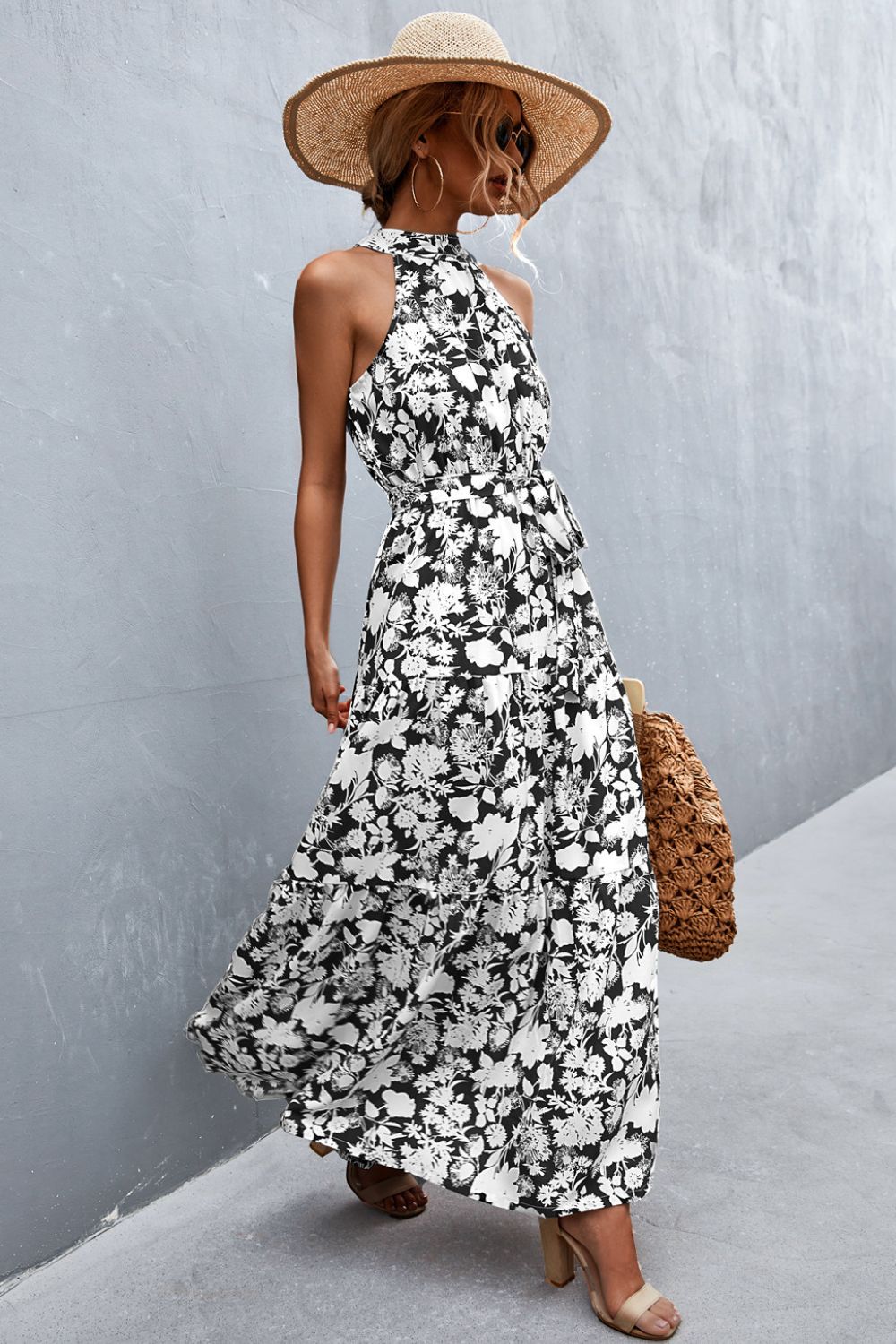 Printed Sleeveless Tie Waist Maxi Dress - Dress - Black/White/Floral - Bella Bourget