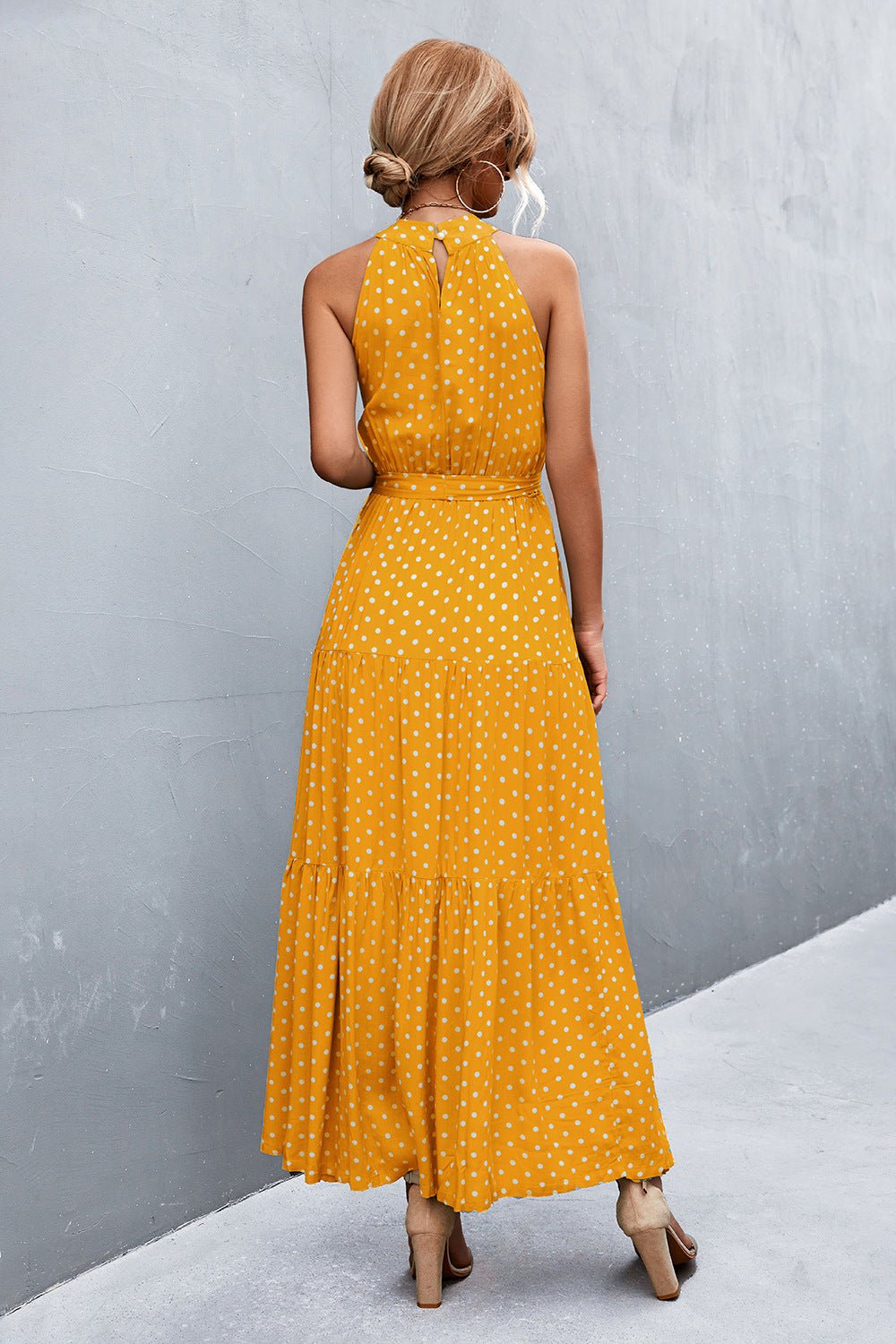 Printed Sleeveless Tie Waist Maxi Dress - Dress - Mustard - Bella Bourget