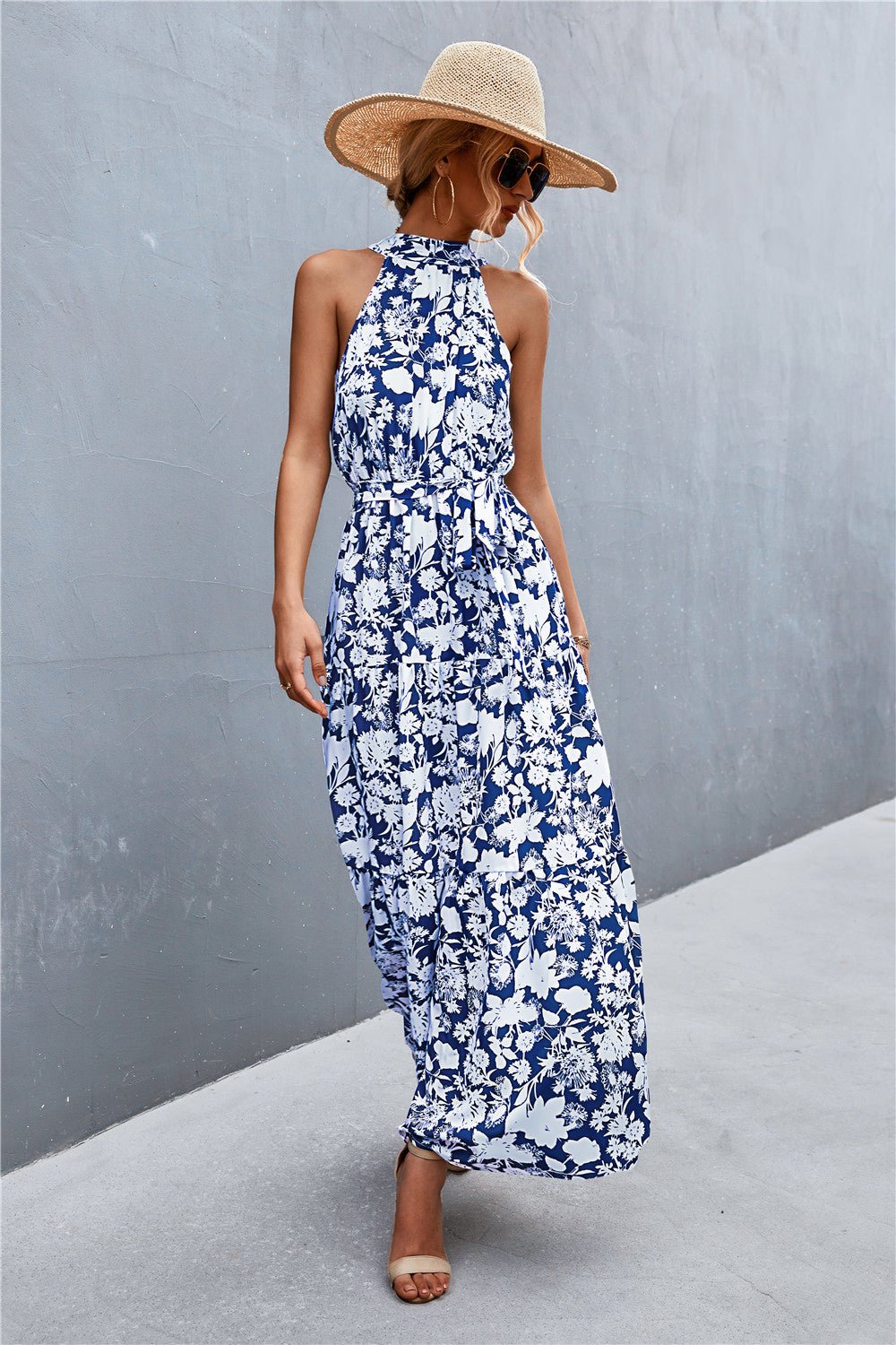 Printed Sleeveless Tie Waist Maxi Dress - Dress - Blue/Floral - Bella Bourget