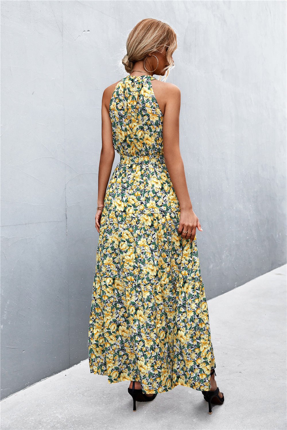 Printed Sleeveless Tie Waist Maxi Dress - Dress - Yellow/Floral - Bella Bourget