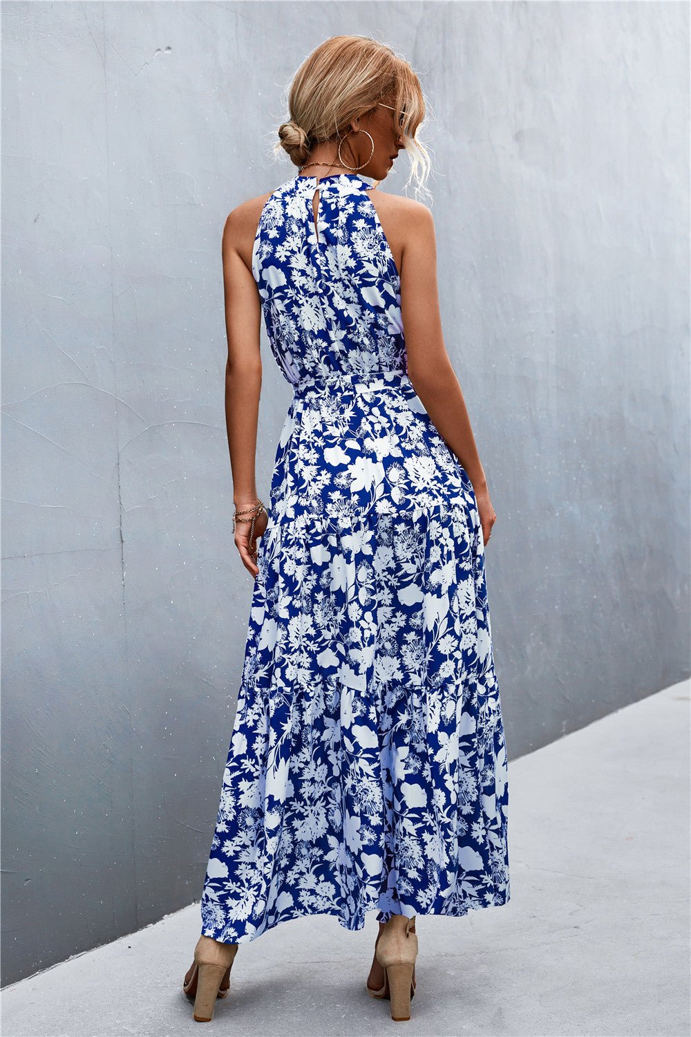 Printed Sleeveless Tie Waist Maxi Dress - Dress - Blue/Floral - Bella Bourget