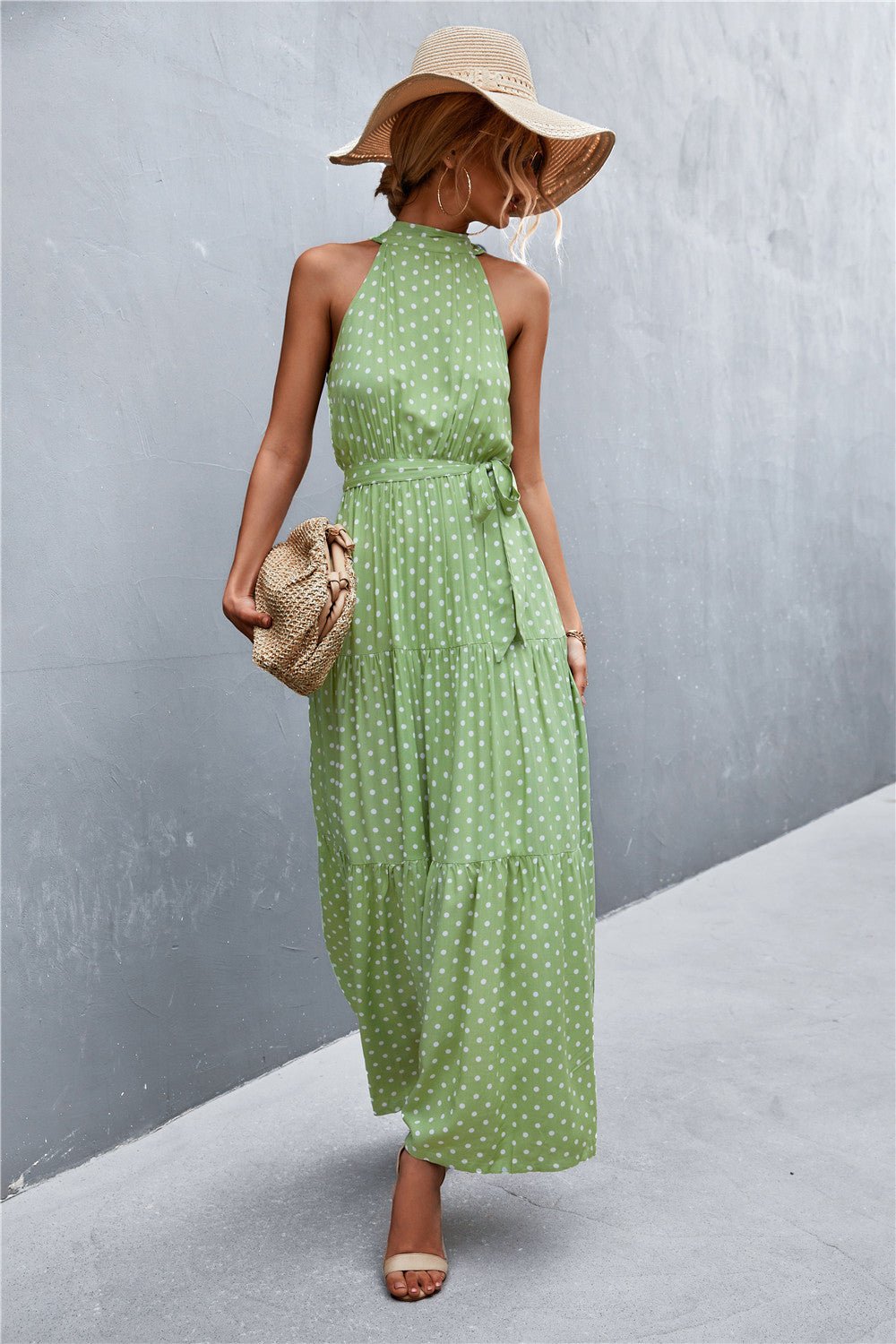 Printed Sleeveless Tie Waist Maxi Dress - Dress - Gum Leaf - Bella Bourget