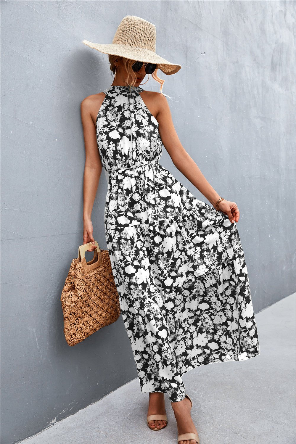 Printed Sleeveless Tie Waist Maxi Dress - Dress - Black/White/Floral - Bella Bourget