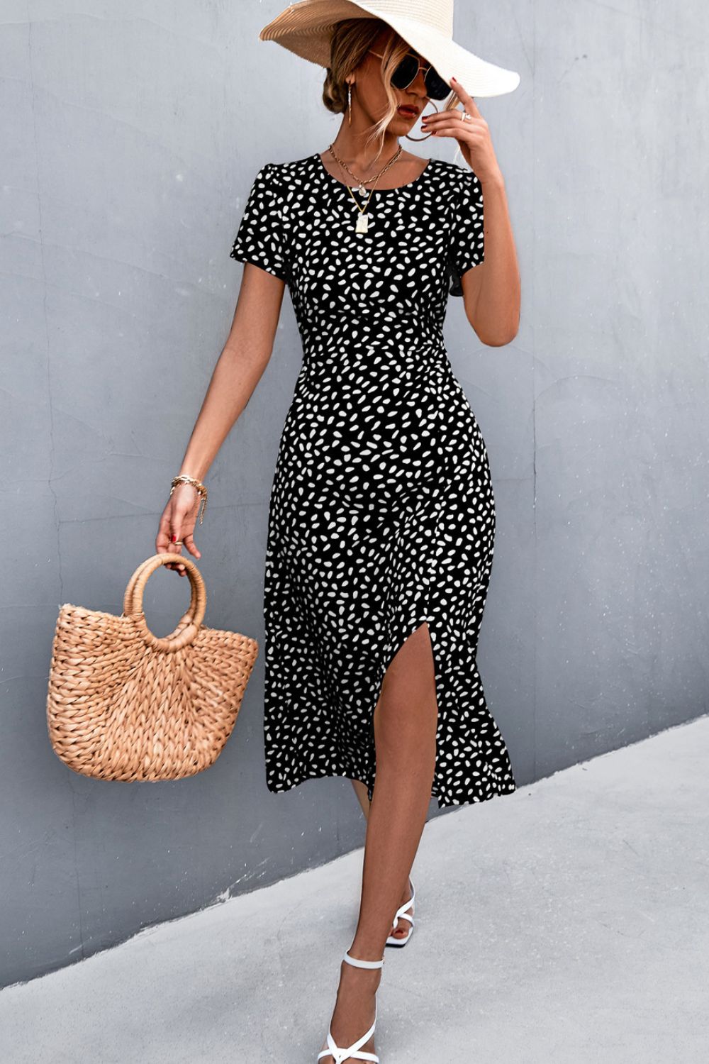 Printed Slit Cutout Midi Dress (Belt Not Included) - Dress - Black - Bella Bourget