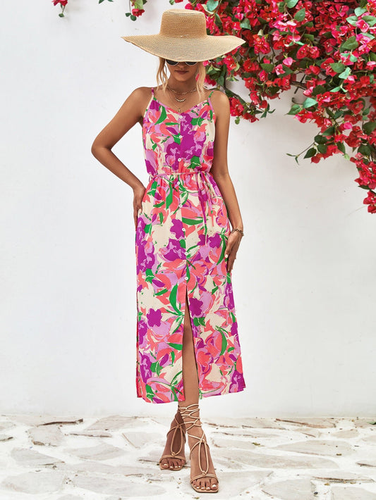 Printed Spaghetti Strap Front Slit Dress - Dress - Heliotrope Purple - Bella Bourget