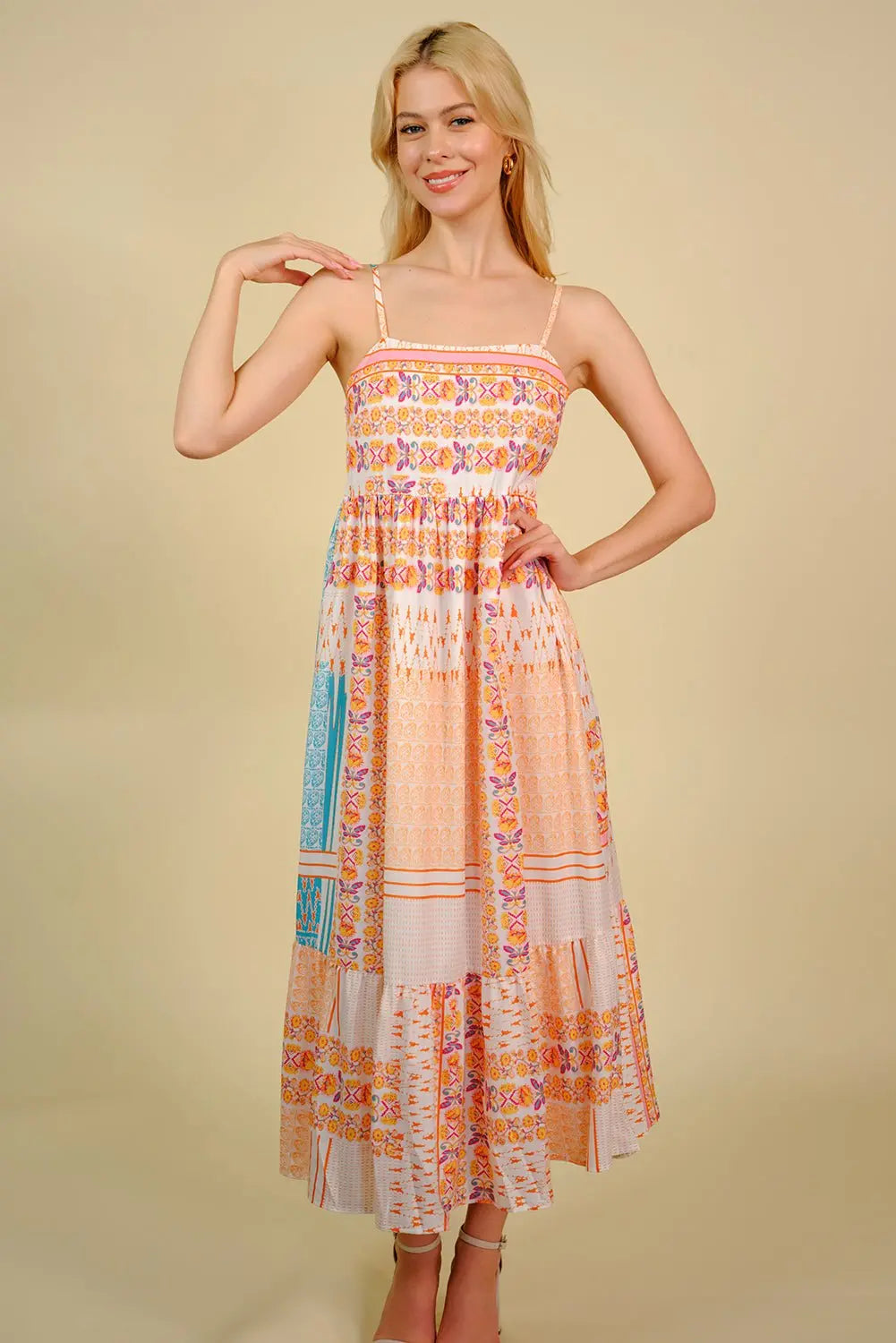 Printed Spaghetti Strap Smocked Midi Dress - Dress - Multicolor - Bella Bourget