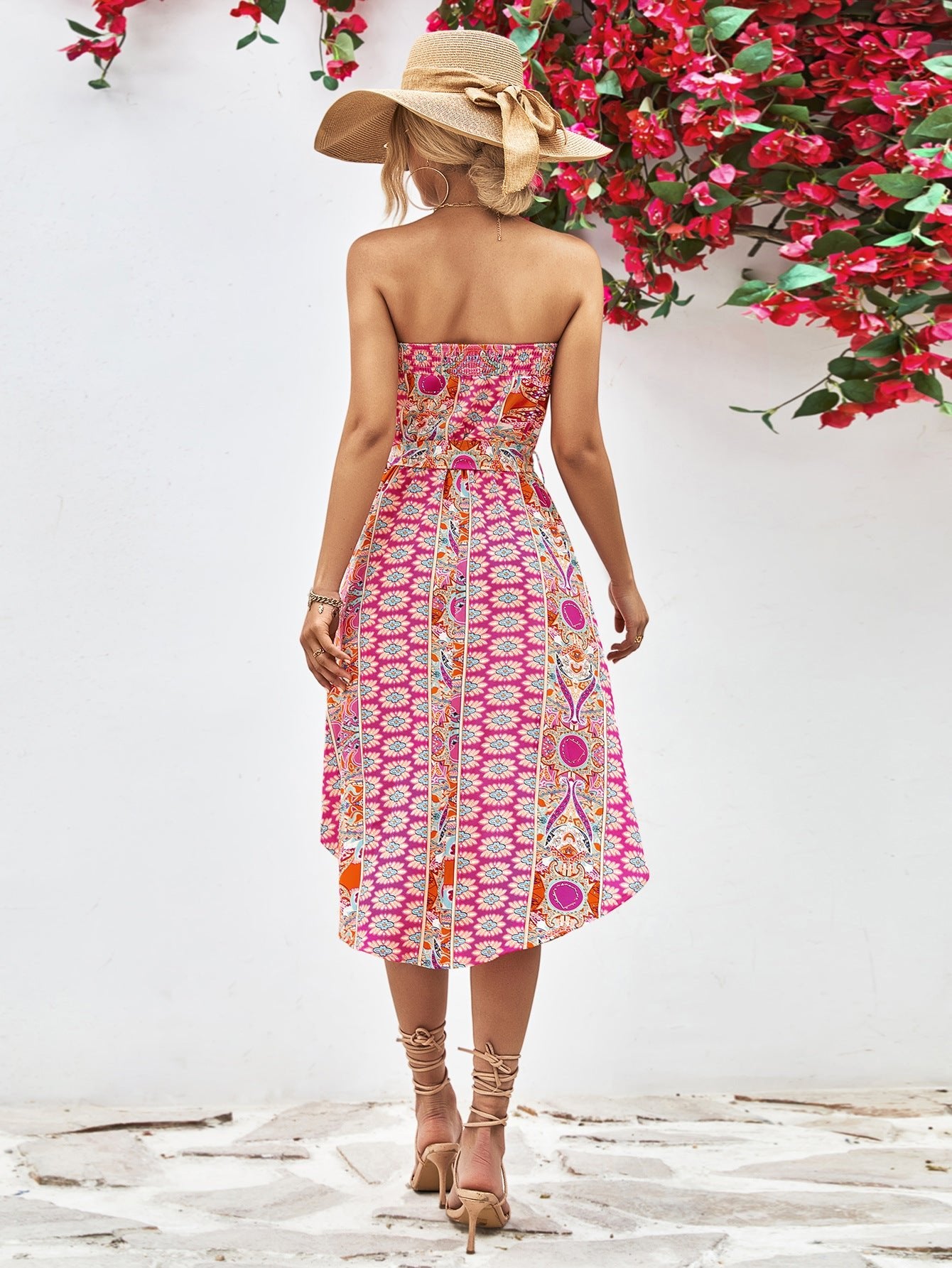 Printed Strapless Tie Belt Dress - Dress - Hot Pink - Bella Bourget