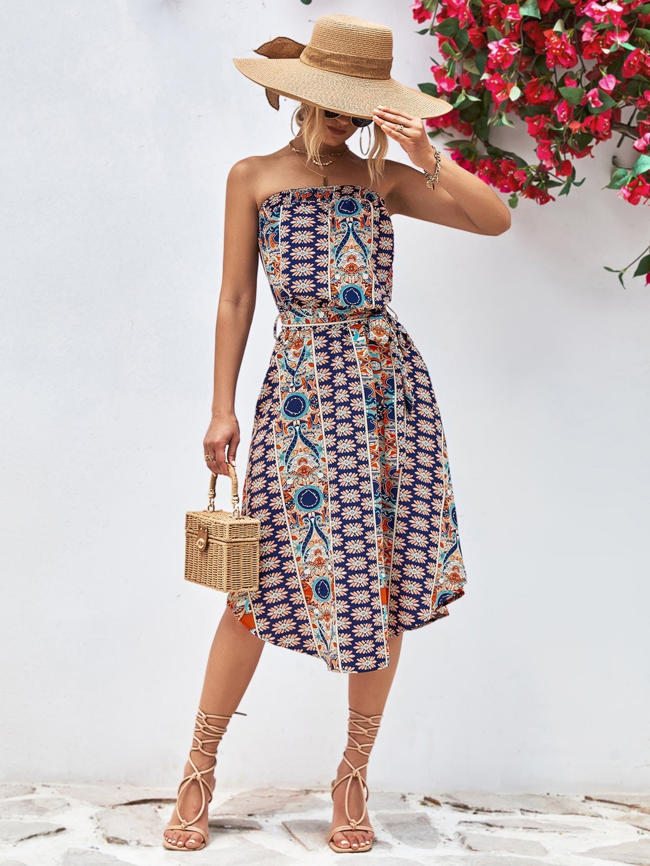 Printed Strapless Tie Belt Dress - Dress - Navy - Bella Bourget