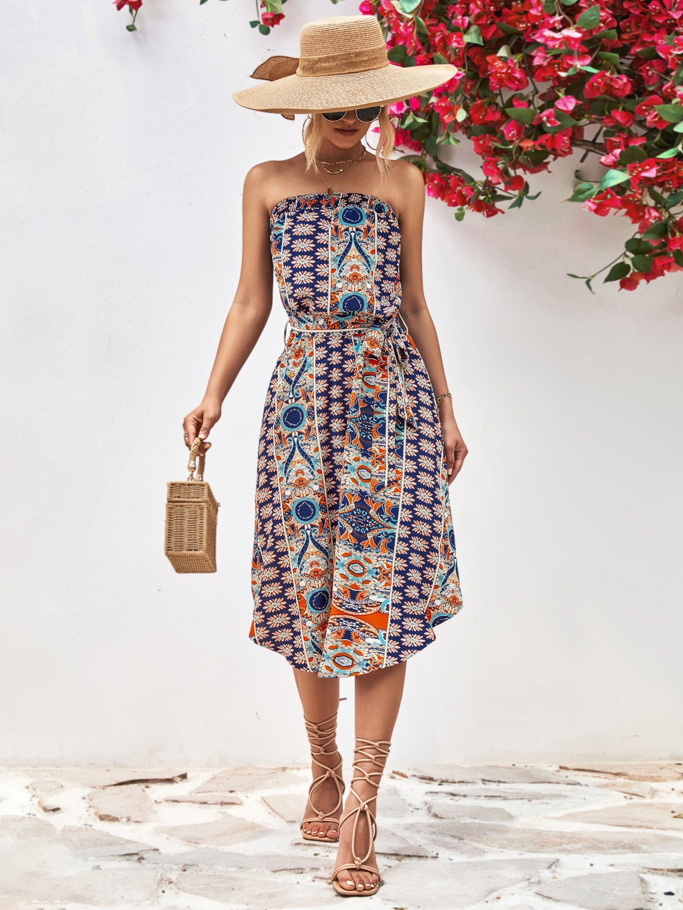 Printed Strapless Tie Belt Dress - Dress - Navy - Bella Bourget