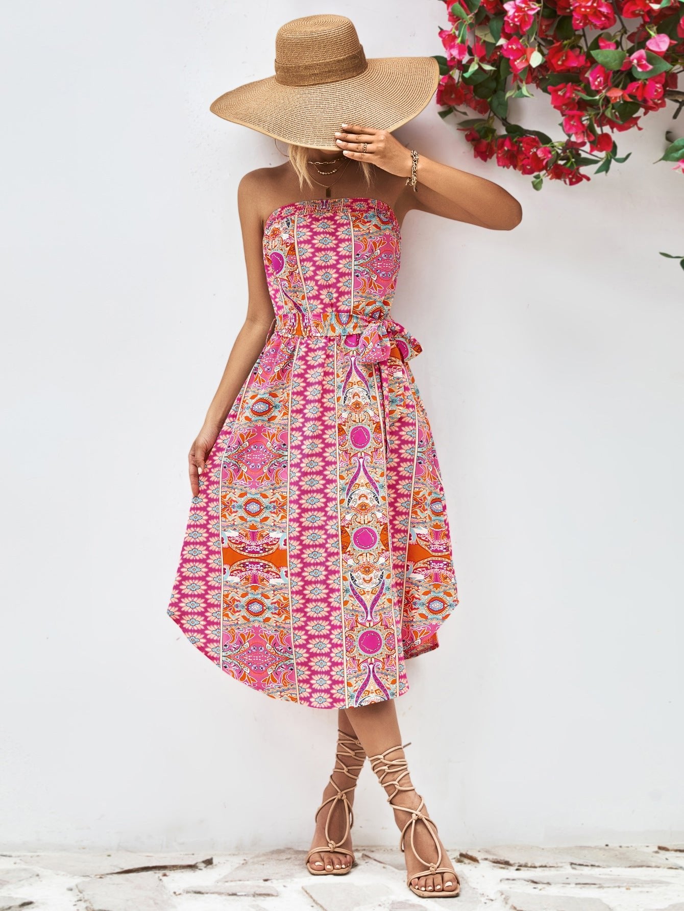 Printed Strapless Tie Belt Dress - Dress - Hot Pink - Bella Bourget