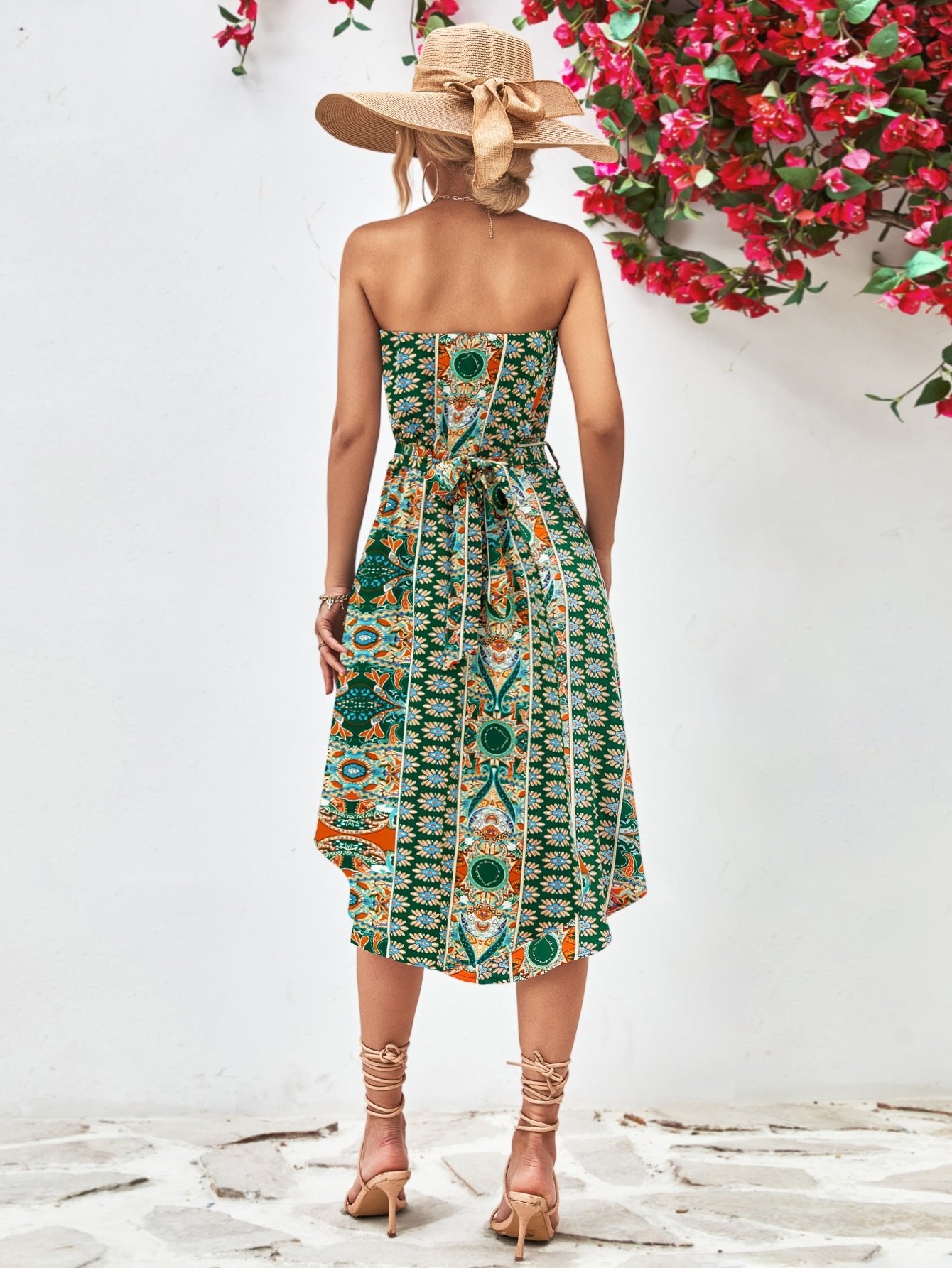 Printed Strapless Tie Belt Dress - Dress - Mid Green - Bella Bourget