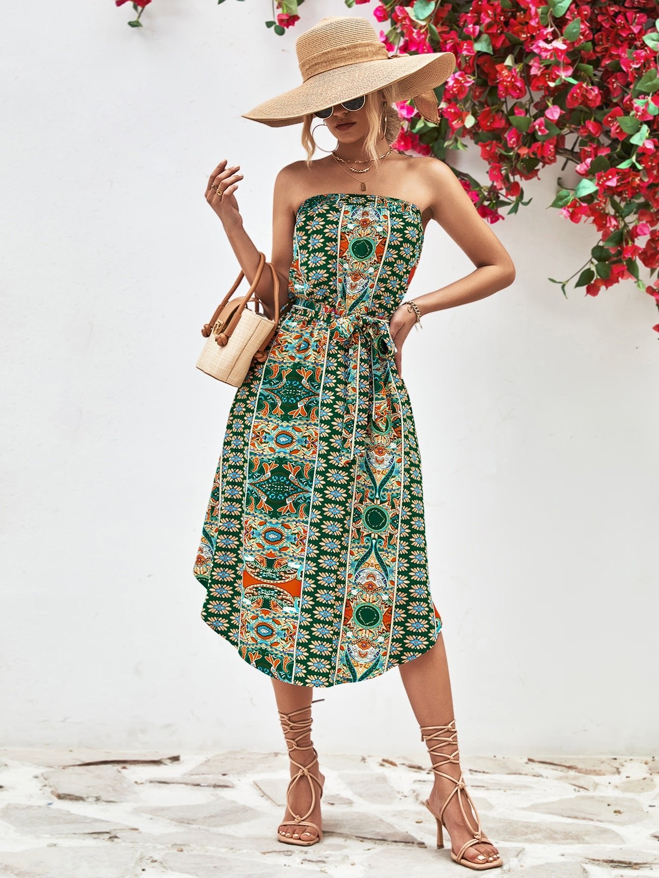 Printed Strapless Tie Belt Dress - Dress - Mid Green - Bella Bourget