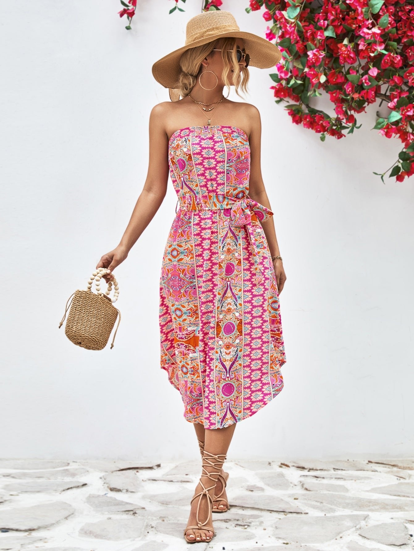 Printed Strapless Tie Belt Dress - Dress - Hot Pink - Bella Bourget