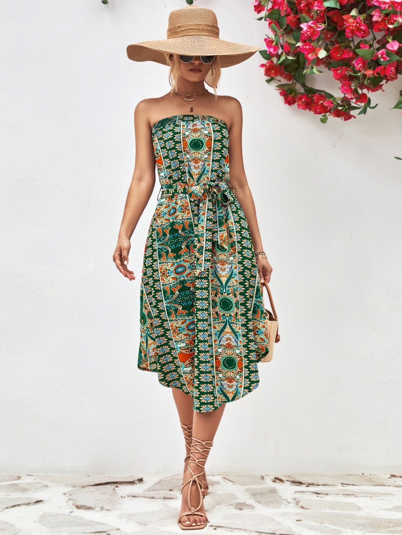 Printed Strapless Tie Belt Dress - Dress - Mid Green - Bella Bourget