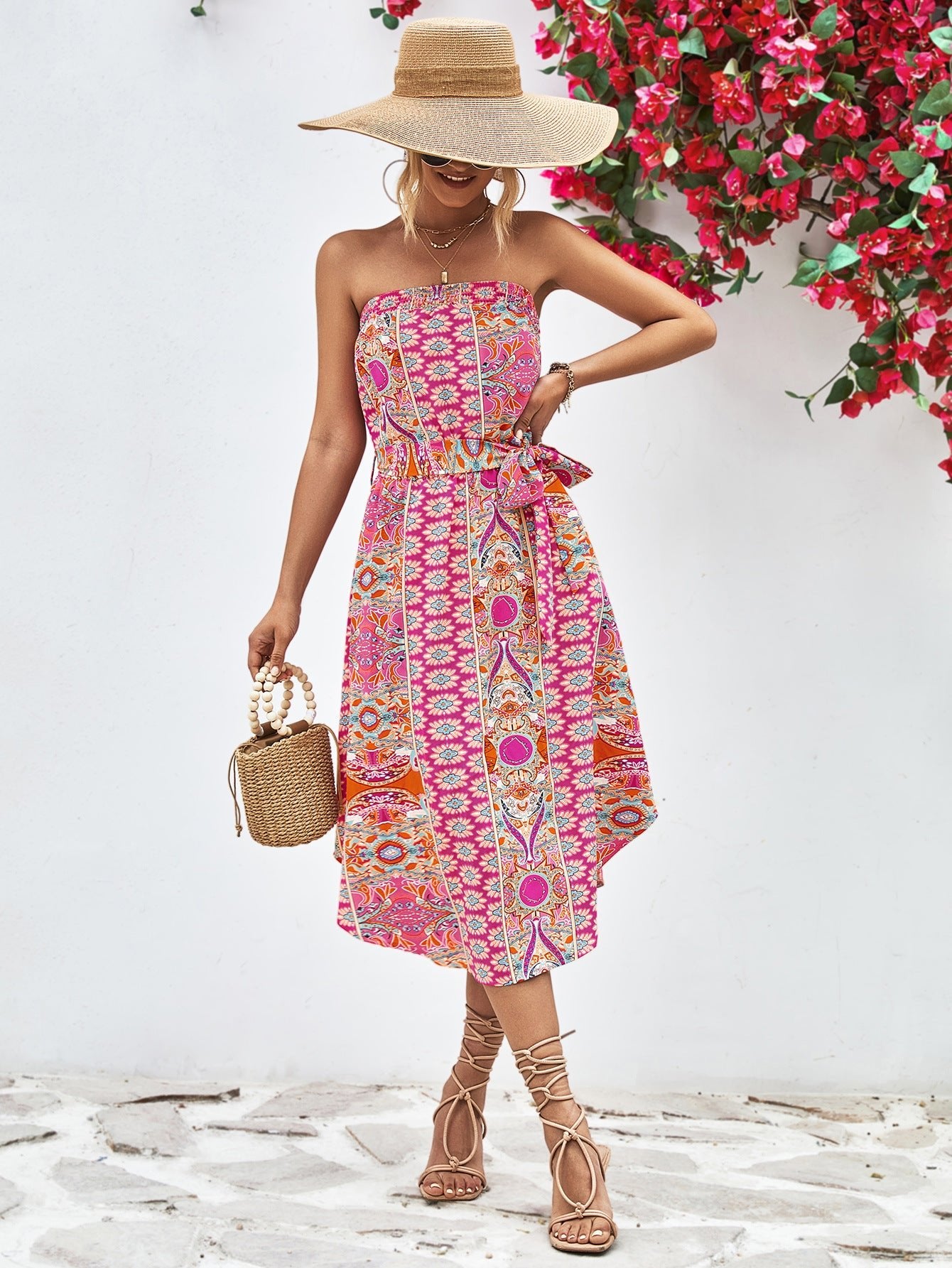 Printed Strapless Tie Belt Dress - Dress - Hot Pink - Bella Bourget