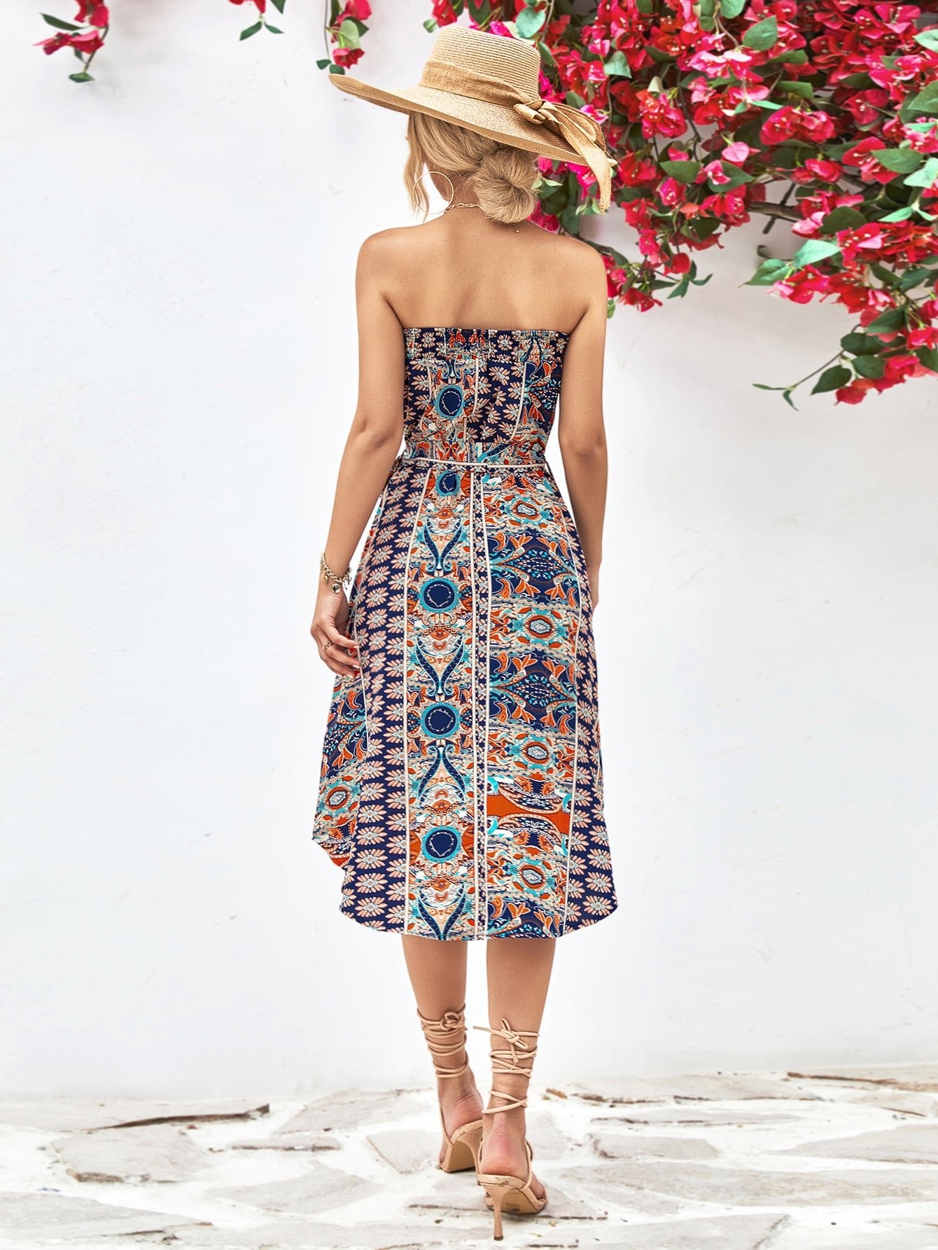 Printed Strapless Tie Belt Dress - Dress - Navy - Bella Bourget