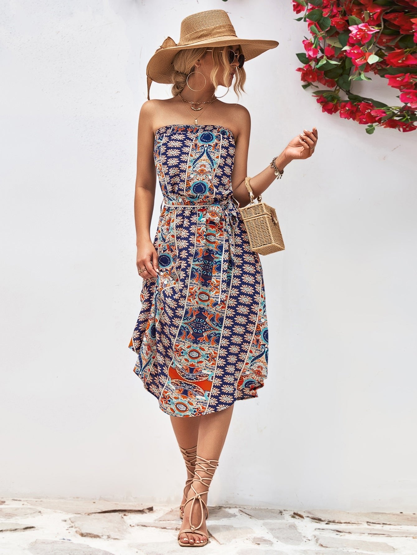 Printed Strapless Tie Belt Dress - Dress - Navy - Bella Bourget