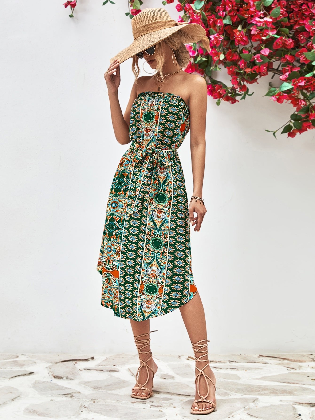 Printed Strapless Tie Belt Dress - Dress - Mid Green - Bella Bourget