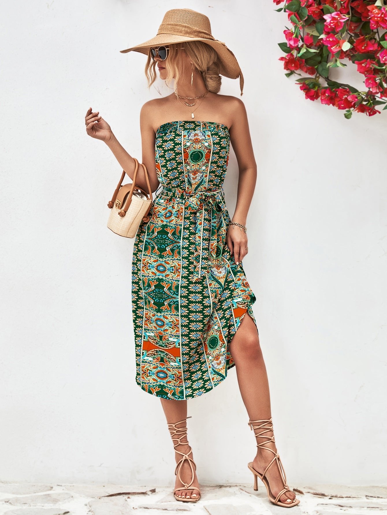 Printed Strapless Tie Belt Dress - Dress - Mid Green - Bella Bourget