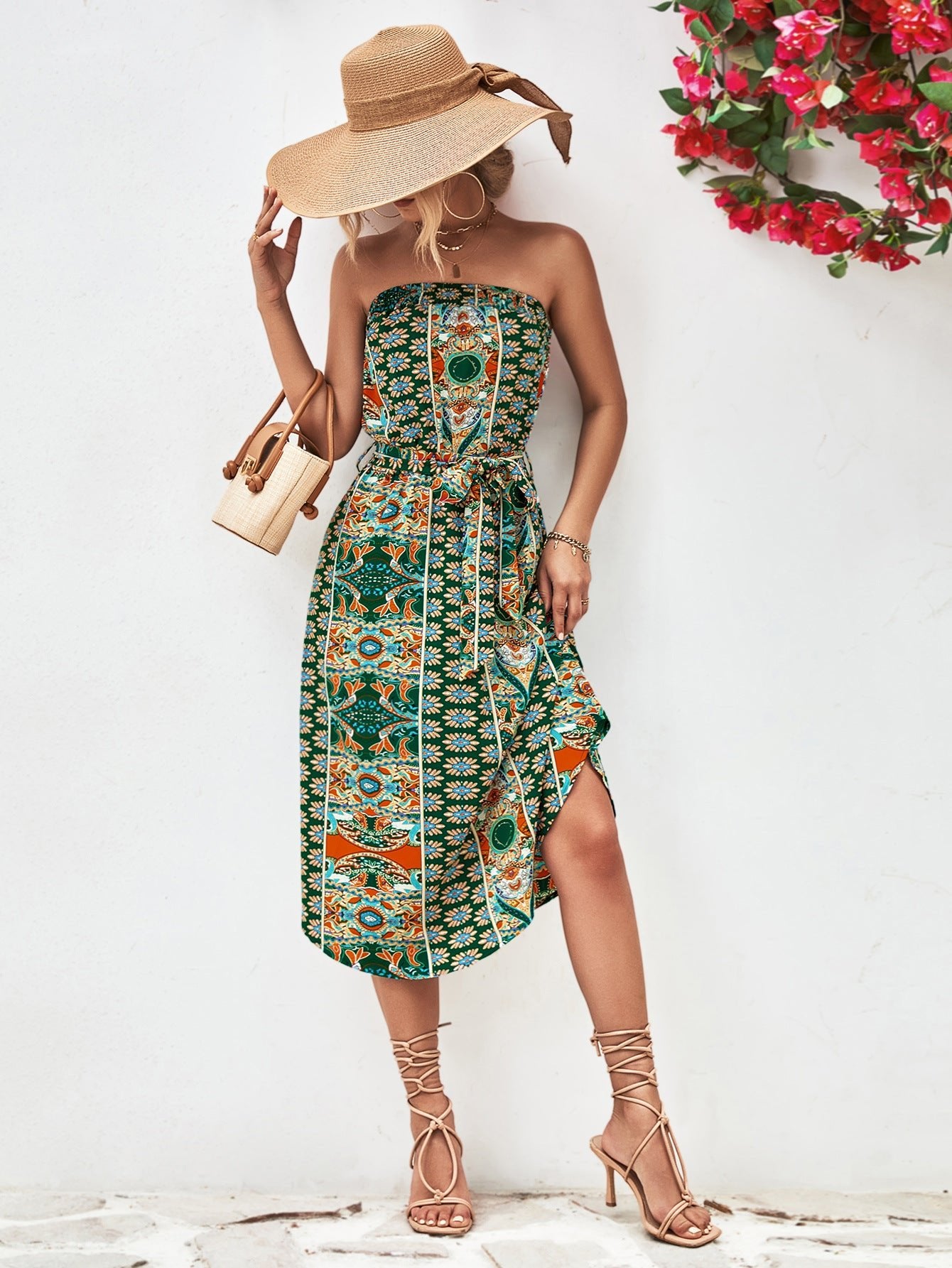 Printed Strapless Tie Belt Dress - Dress - Mid Green - Bella Bourget