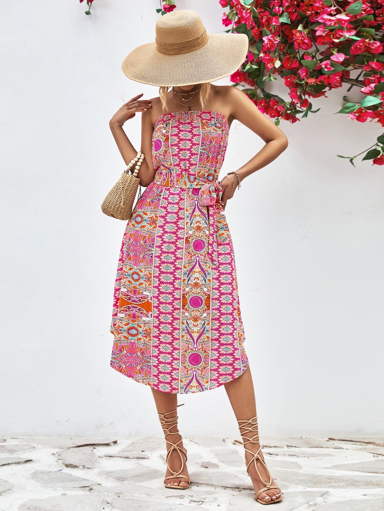 Printed Strapless Tie Belt Dress - Dress - Hot Pink - Bella Bourget