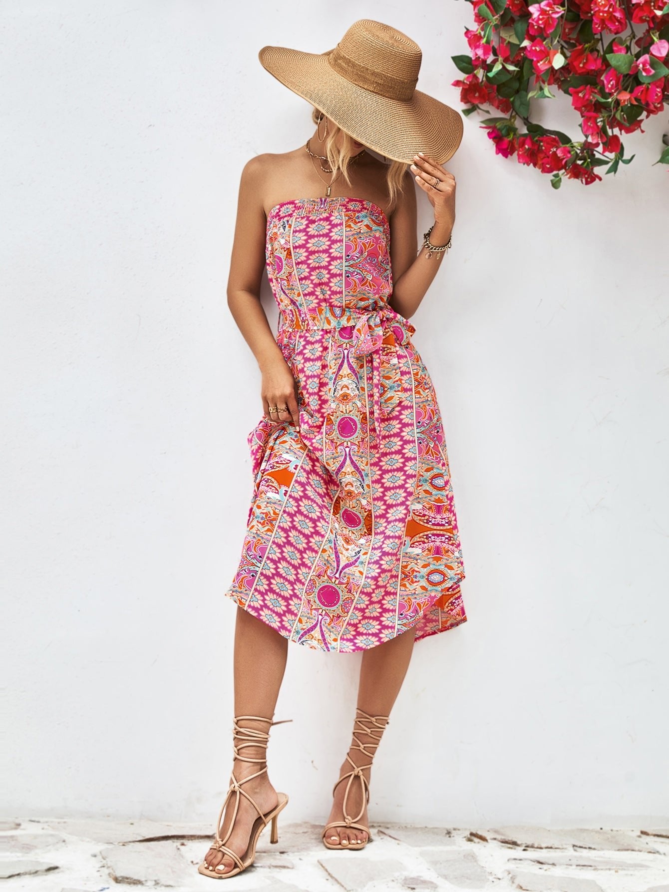 Printed Strapless Tie Belt Dress - Dress - Hot Pink - Bella Bourget