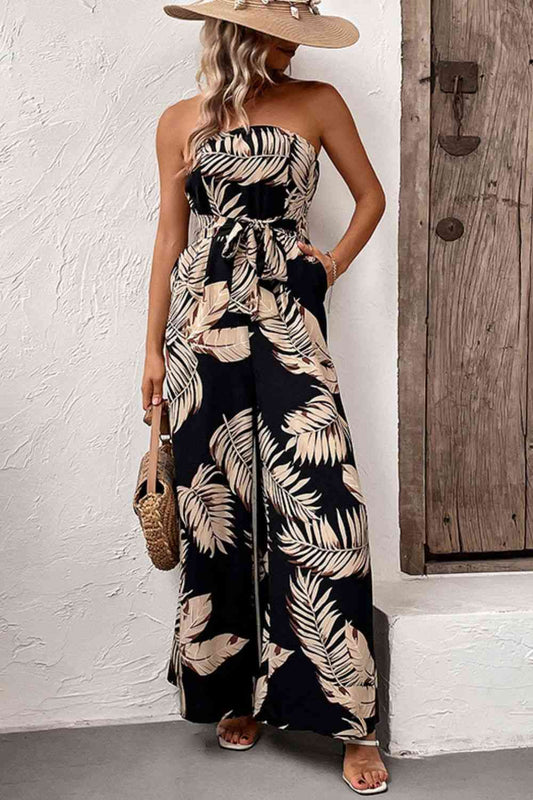 Printed Strapless Wide Leg Jumpsuit with Pockets - Jumpsuit - Black - Bella Bourget