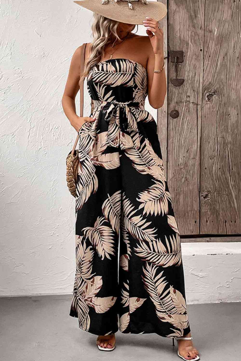 Printed Strapless Wide Leg Jumpsuit with Pockets - Jumpsuit - Black - Bella Bourget