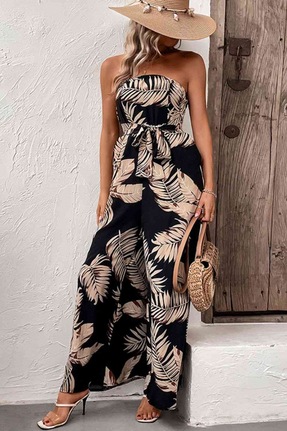 Printed Strapless Wide Leg Jumpsuit with Pockets - Jumpsuit - Black - Bella Bourget