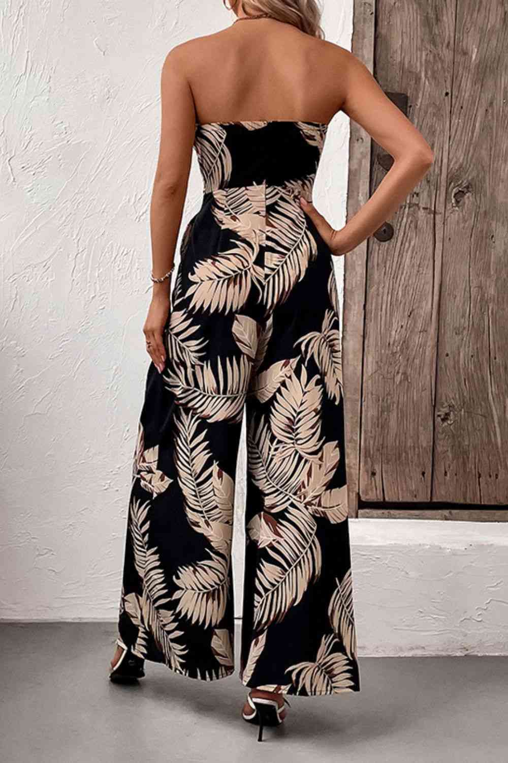 Printed Strapless Wide Leg Jumpsuit with Pockets - Jumpsuit - Black - Bella Bourget